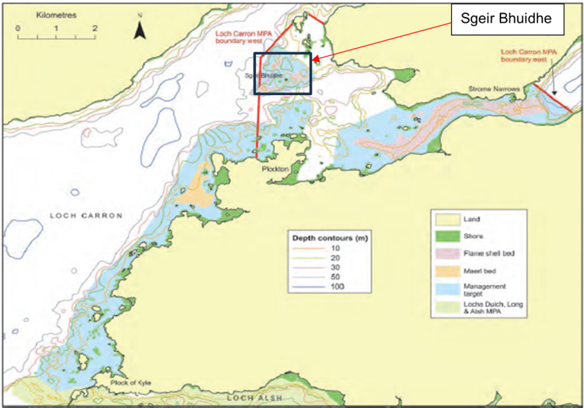 Map of Loch Carron with the location of the Sgeir Bhuidhe dredge track monitoring area indicated by a box with black outline.