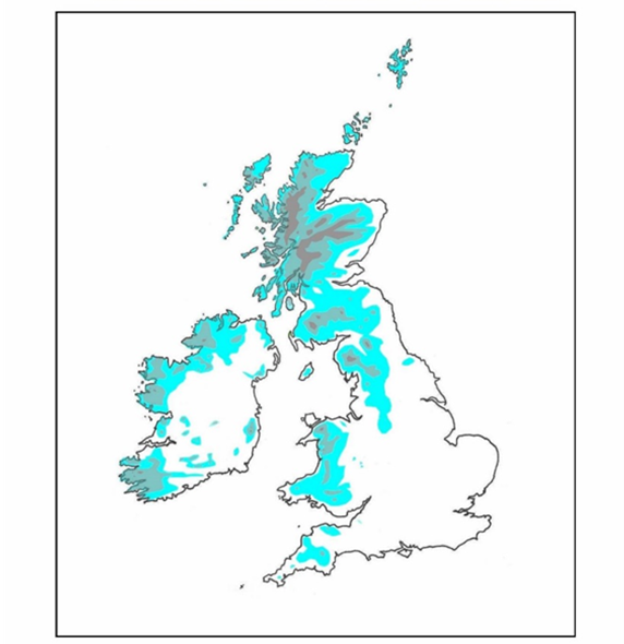 Map of Britain and Ireland displaying an index of climatic severity, which is calculated as the annual precipitation divided by the annual mean temperature. This indicates that climatic severity is higher in the north and west, with the highest values seen in the Scottish Highlands.