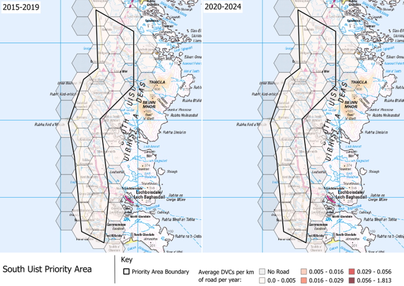 DVCs per km of road per year in that part of South Uist which is part of the Priority Agricultural Areas Deer Management Priority Area.