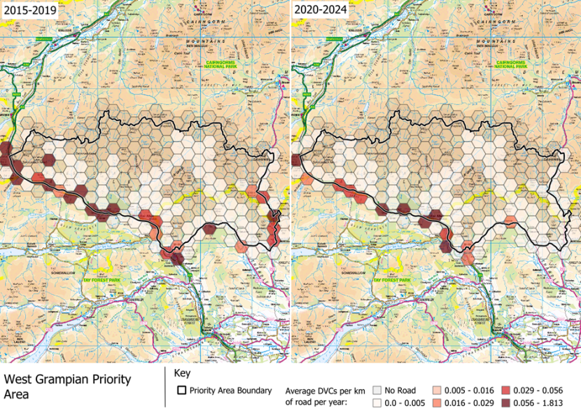DVCs per km of road per year in the West Grampian Deer Management Group area, which is part of the ‘Deer Management Groups’ Deer Management Priority Area.