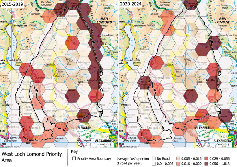 DVCs per km of road per year in the West Loch Lomond Deer Management Group area, which is part of the ‘Deer Management Groups’ Deer Management Priority Area.
