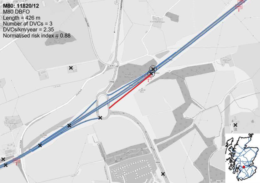 Map showing the location of the Deer Vehicle Collision hotspot on the M80 J3 Hornshill Interchange.