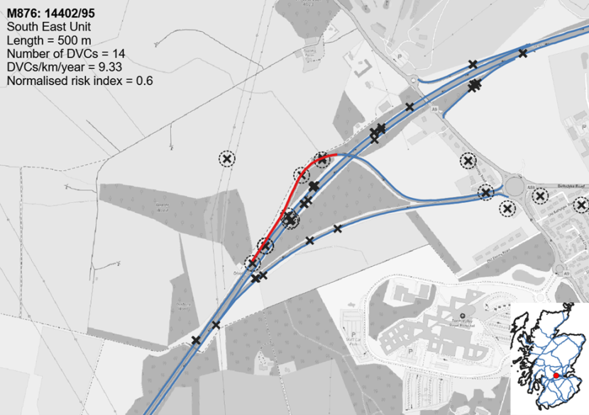 Map showing the location of one of three Deer Vehicle Collision hotspots on the M876 J2 Glenbervie Interchange.