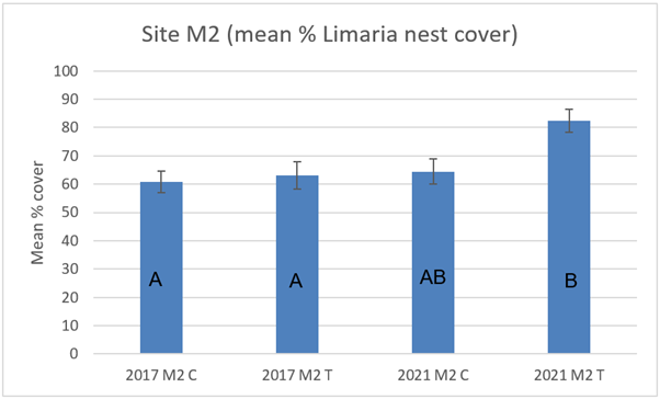 Bar graph showing mean percentage cover of Limaria nest cover in control and track transects at site M2 in 2017 and 2021.