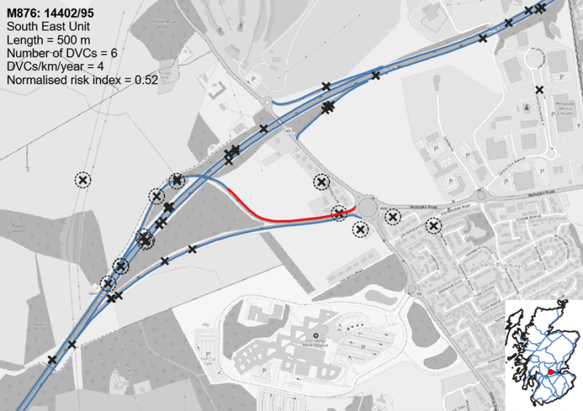 Map showing the location of one of three Deer Vehicle Collision hotspots on the M876 J2 Glenbervie Interchange.