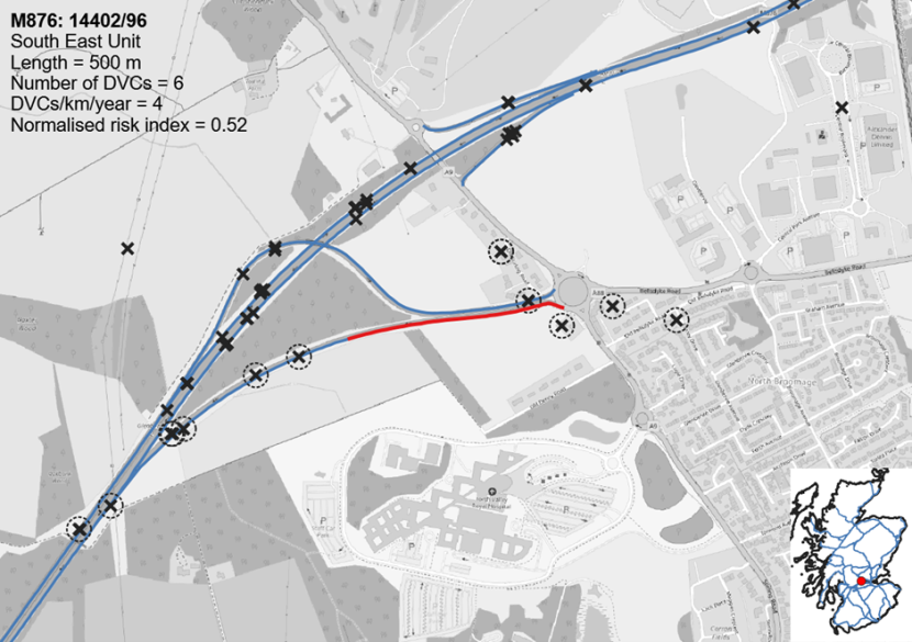 Map showing the location of one of three Deer Vehicle Collision hotspots on the M876 J2 Glenbervie Interchange.