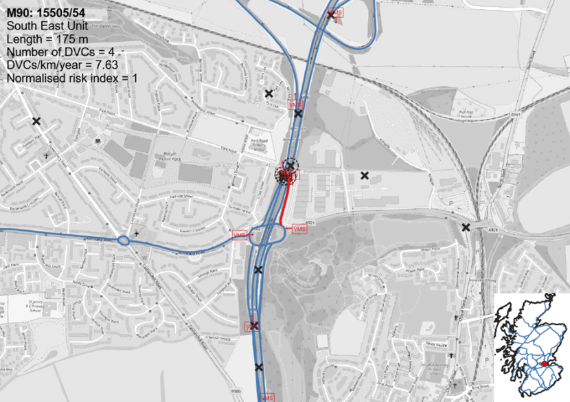 Map showing the location of the Deer Vehicle Collision hotspot on the M90 J2 Masterton Junction.