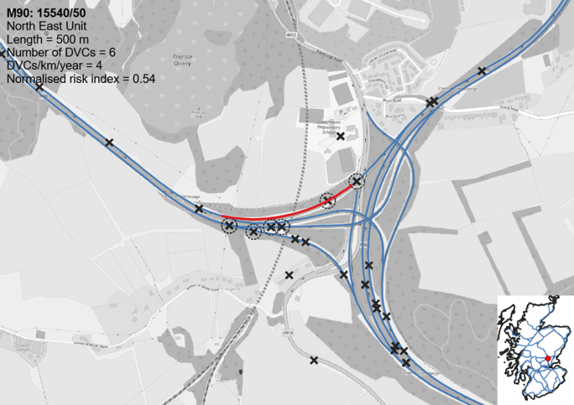 Map showing the location of one of two Deer Vehicle Collision hotspots on the M90 J10 Craigend Interchange.