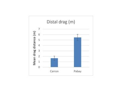 Bar graph showing the how drag length differs between creels recovered in conditions of low wind speed relative to that of those recovered in high wind speed.
