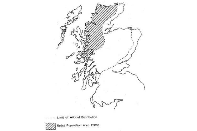 Map showing the comparison&nbsp;of&nbsp;the&nbsp;distribution&nbsp;of&nbsp;the wildcat&nbsp;in&nbsp;Scotland