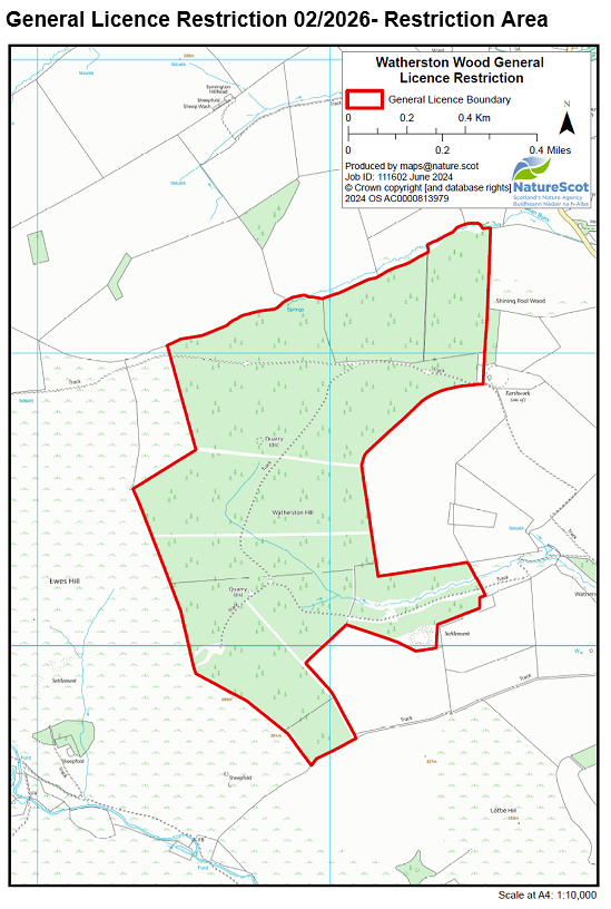 Map with red outline showing the restriction area at Watherston Wood.