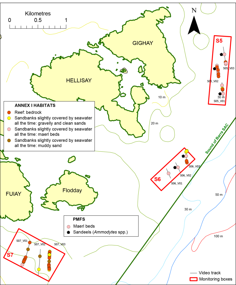 Annex I habitat and PMF records in central region of the Sound of Barra.