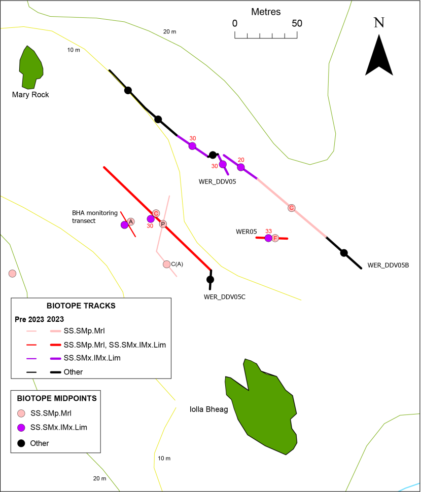 Temporal comparison of protected feature biotope records west of Rubha Dubh Ard.