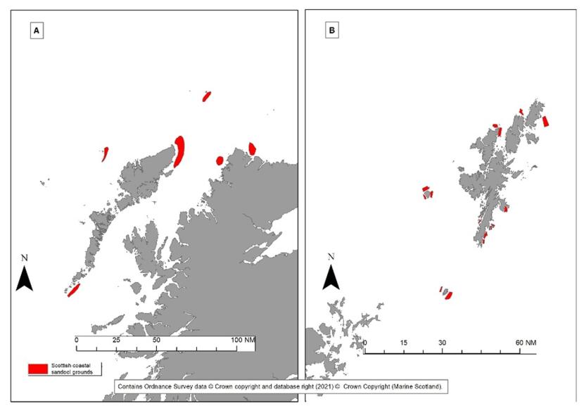 Scottish Coastal Sandeel Grounds (red) based on historic practices and expert opinions (MSS). Two key areas included A – West Coast of Scotland, B – Shetland.