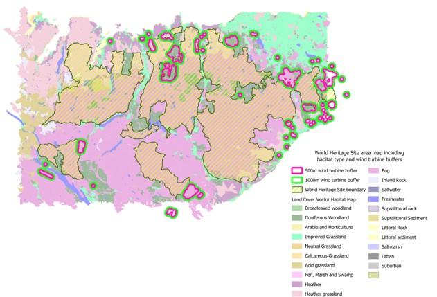 Map of Caithness and Sutherland showing wind turbine buffers in relation to proposed World Heritage Site boundary
