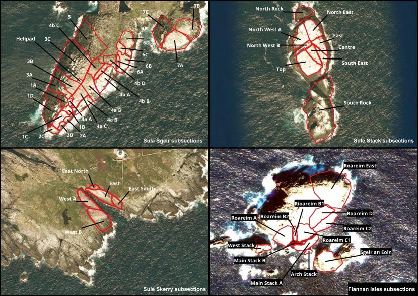 Maps of Sula Sgeir, Sule Stack, Sule Skerry and Flannan Isles, showing indicative subsections boundaries.