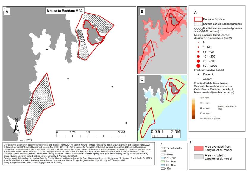 Map showing vailable sandeel evidence for Mousa to Boddam MPA.