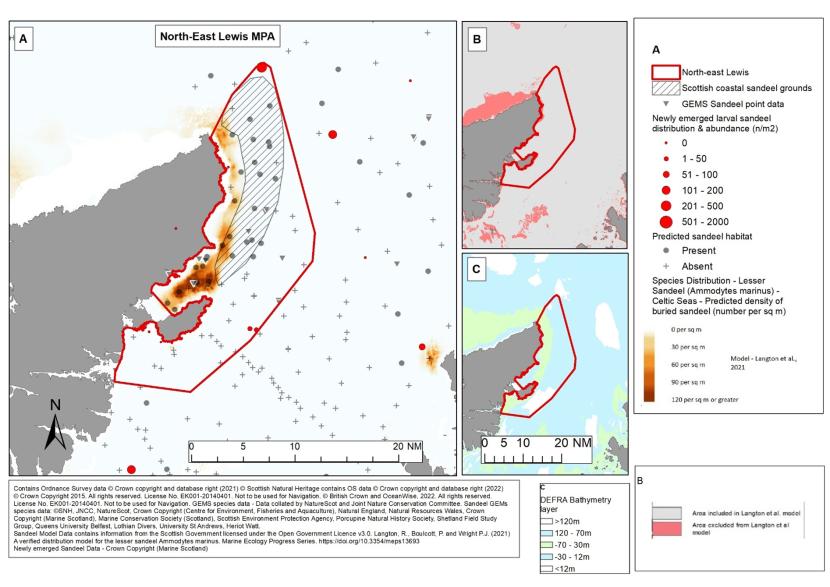 Map showing available Sandeel evidence for North-east Lewis MPA