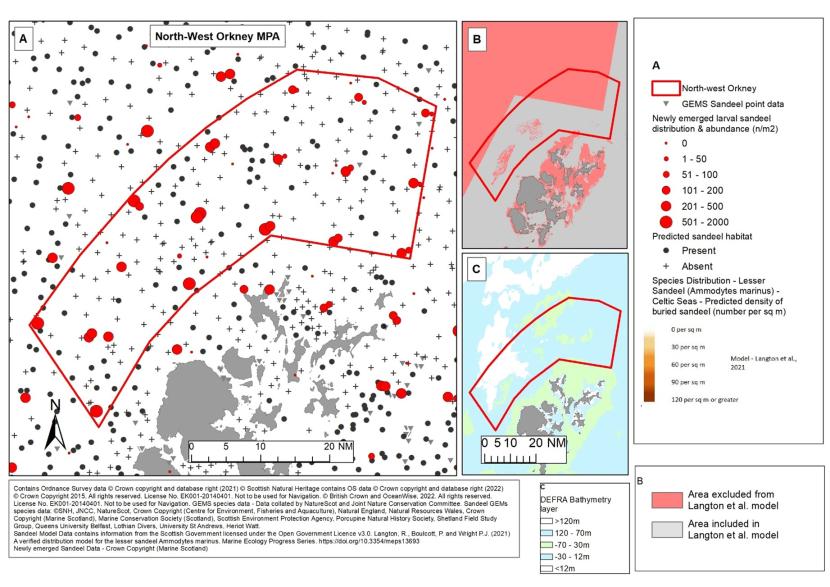 Map showing available Sandeel evidence for North-West Orkney MPA