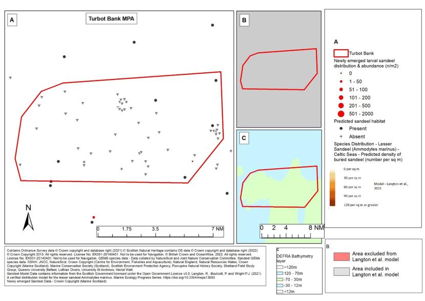 Map showing available sandeel evidence for Turbot Bank MPA