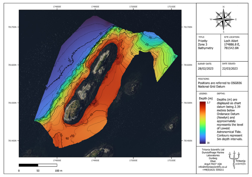A zoomed in chart displaying the bathymetry survey area of MBES Priority zone 3 around a skerry. 