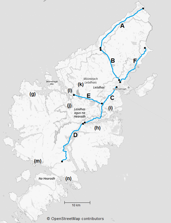 A map of Lewis & Harris showing numbers of recorded DVCs by road sections. Numbers of deer-vehicle collisions recorded from 2023 to 2025 along specified sections of the A857, A858, A859, B985 and on minor roads in differing areas of Lewis and Harris. 