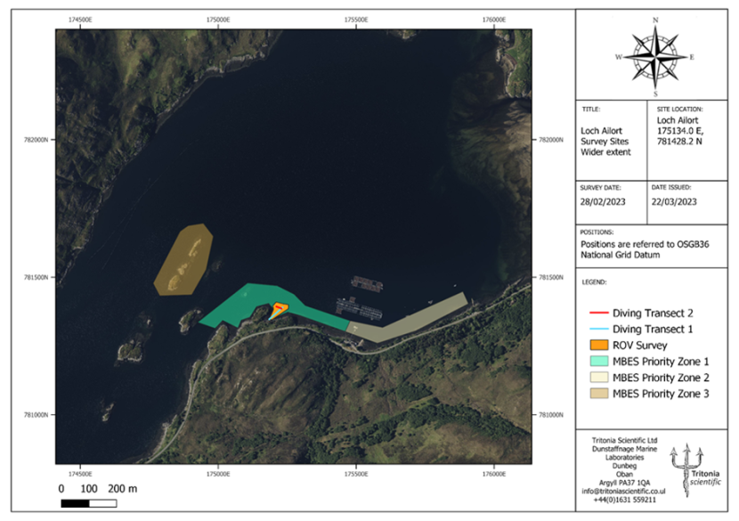 Map of the head of Loch Airlort with 3 MBES areas, the ROV survey area, and the divers transects highlighted.