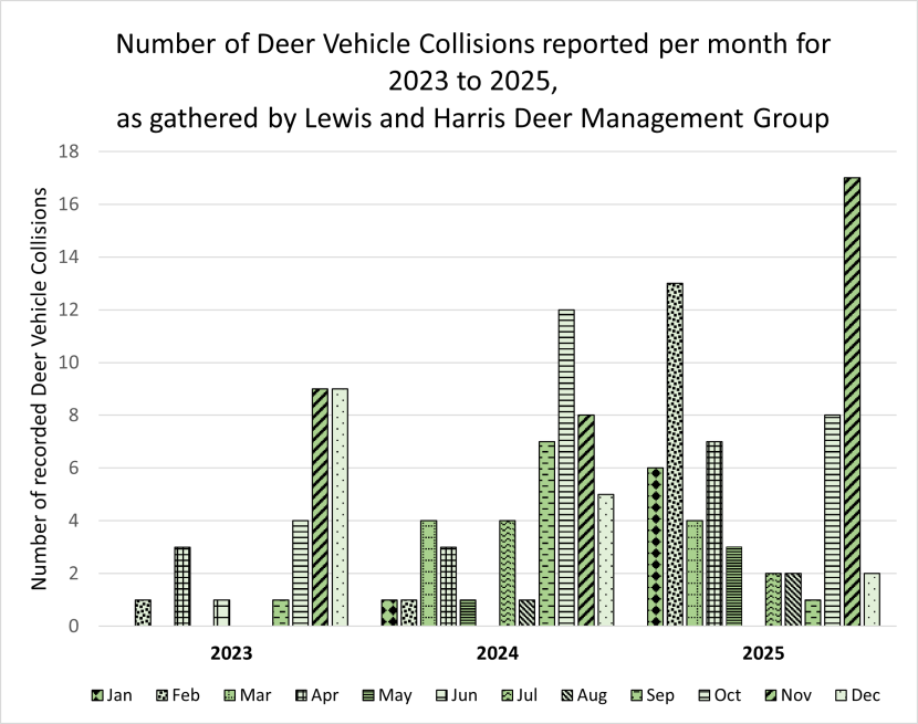 A bar graph of DVCs by month for each of three consecutive years. Number of Deer Vehicle Collisions reported per month for 2023 to 2025, as gathered by Lewis and Harris Deer Management Group