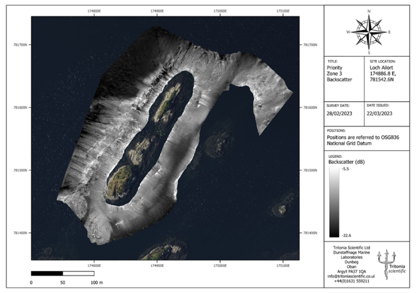 A zoomed in chart displaying the backscatter plot of MBES Priority zone 3 around a skerry. 
