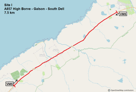 Extent of priority Site I along the A857 High Borve to South Dell, showing suggested approximate positions for seasonal use of mobile VMS.