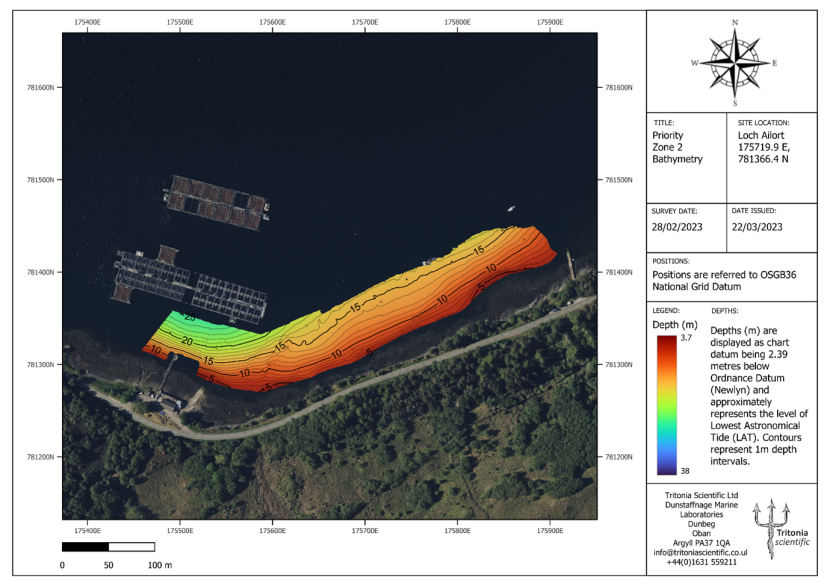 A zoomed in chart displaying the bathymetry survey area of MBES Priority zone 2 on the southern shore of the loch, nearby the Ardnish fish farm. 