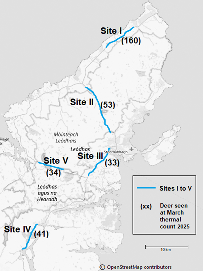 Map of Lewis & Harris showing the location of five priority sections of A-road between seven and 12 km in length, and the number of deer seen along each section. Locations and approximate length of five A-road sections where targeting of any additional site-specific DVC mitigation is proposed. Numerals in brackets show the numbers of deer seen during the March 2025 thermal roadside count