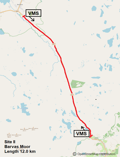 Extent of priority Site II along the A857 across Barvas Moor, showing suggested approximate positions for seasonal use of mobile VMS. 