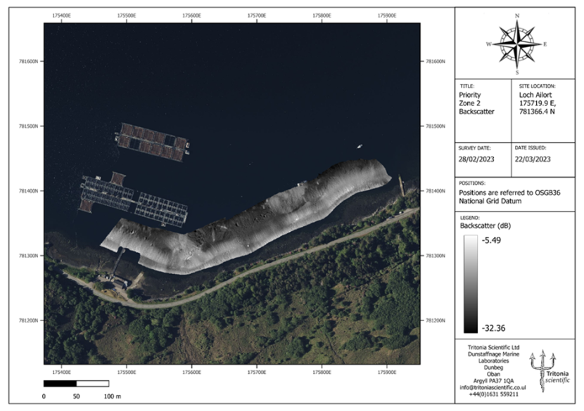 A zoomed in chart displaying the backscatter plot of MBES Priority zone 2 on the southern shore of the loch, nearby the Ardnish fish farm. 