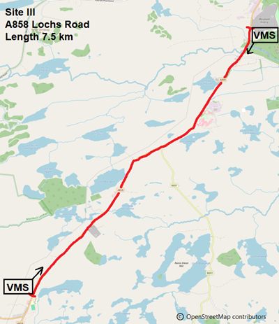Extent of priority Site II along the A859 south of Stornoway, showing suggested approximate positions for seasonal use of mobile VMS. 