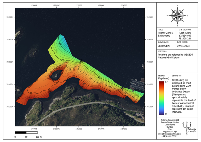 A zoomed in chart displaying the bathymetry survey area of MBES Priority zone 1 extending from the Ardnish fish farm and around a skerry. 