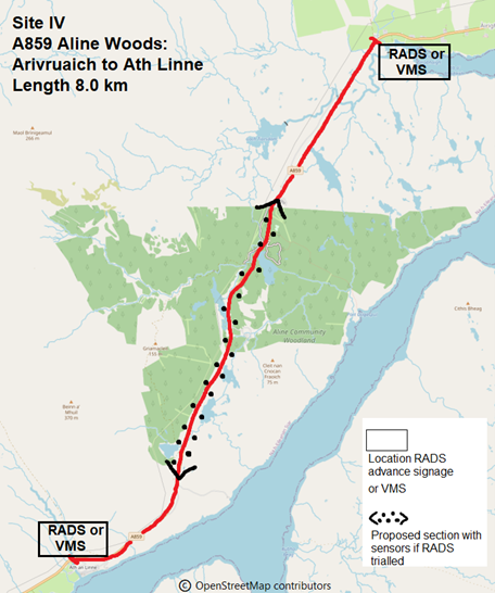 Extent of priority Site IV along the A859 from Arivruaich to Ath Linne, showing approximate positions for either seasonal mobile VMS or advanced signage and a section for potential siting of RADS sensors.