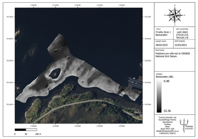 A zoomed in chart displaying the backscatter plot of MBES Priority zone 1 extending from the Ardnish fish farm and around a skerry. 
