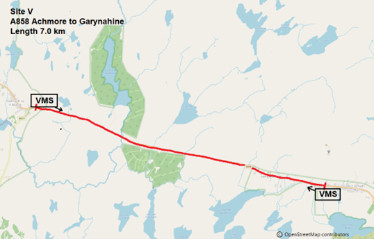 Extent of priority Site V along the A858 from Achmore to Garynahine, showing suggested approximate positions for seasonal use of mobile VMS.
