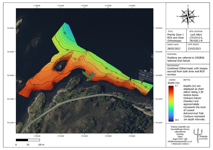 A zoomed in chart displaying the bathymetry survey area of MBES Priority zone 1 extending from the Ardnish fish farm and around a skerry, combined with the georeferenced orthomosaic of the diver/ROV survey area.