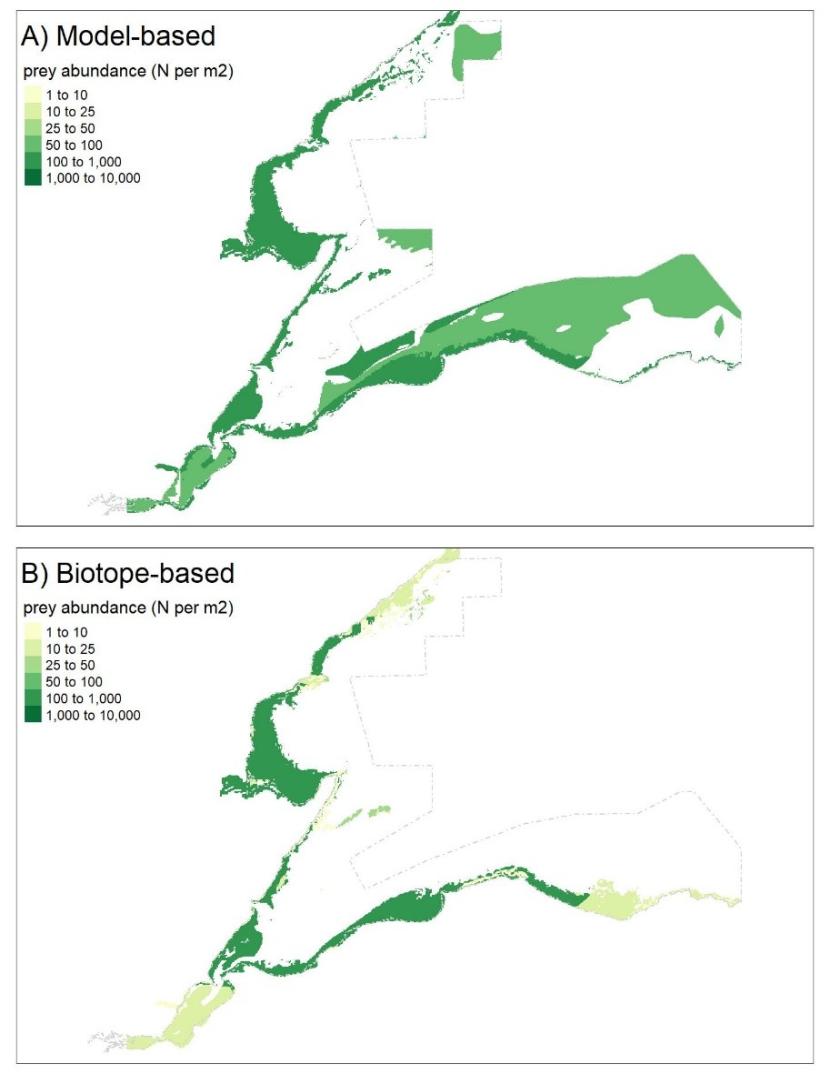 Common scoter mapped outputs for the Moray Firth SPA showing A) predicted abundance based on species models and B) predicted abundance based on biotope analysis. 