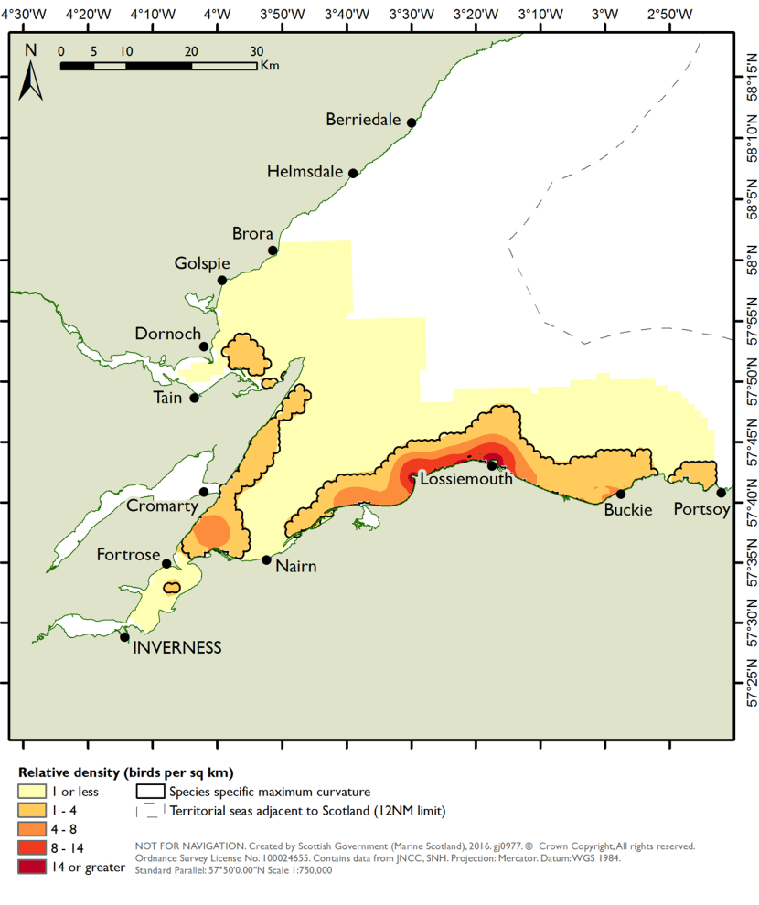 Distribution of common eiders in the Moray Firth SPA derived from aerial surveys during the winter seasons of 2001/02 to 2006/07 (NatureScot 2016).
