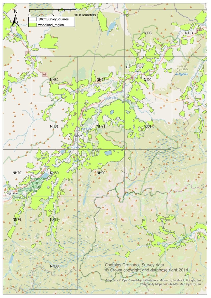 Map of Strathspey showing hectads (10km x 10km square) included in the survey area and the amount of woodland habitat within each.