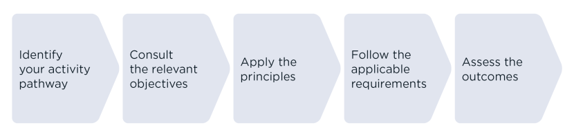 A five-step activity planning process arranged left to right sequentially in a straight line. The steps are: identifying your activity pathway, consult relevant objectives, apply principles, follow applicable requirements, and assess outcomes.