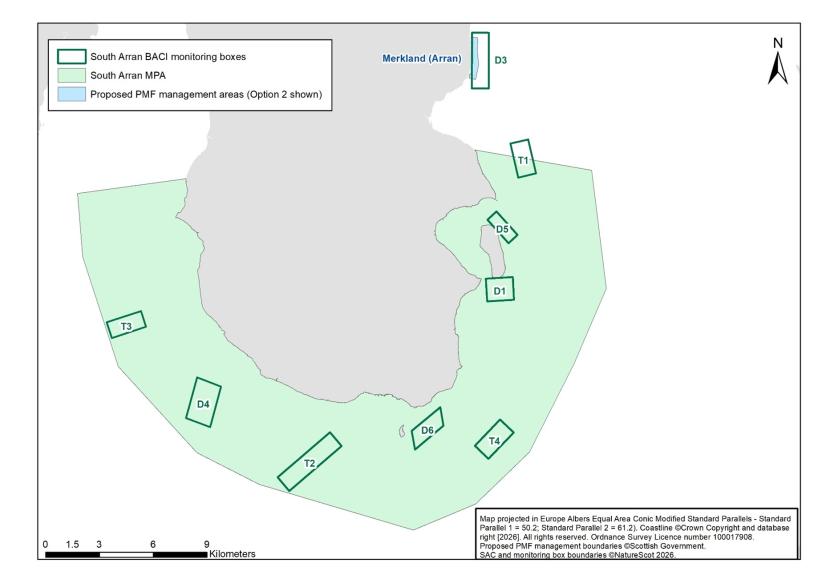 Figure 1 showing the  Proposed South Arran BACI monitoring approach showing established monitoring boxes and proposed PMF management areas 