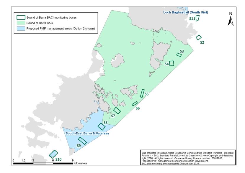 Figure 2 showing the Proposed Sound of Barra BACI monitoring approach showing established monitoring boxes and proposed PMF management areas including South-East Barra  Limitations in Survey Design 