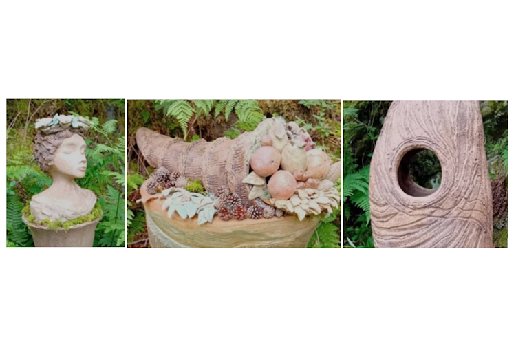 Moira Ferguson art - sculptures: a sculpture of a ladies head, a horn of plenty full of fruit and a hag stone