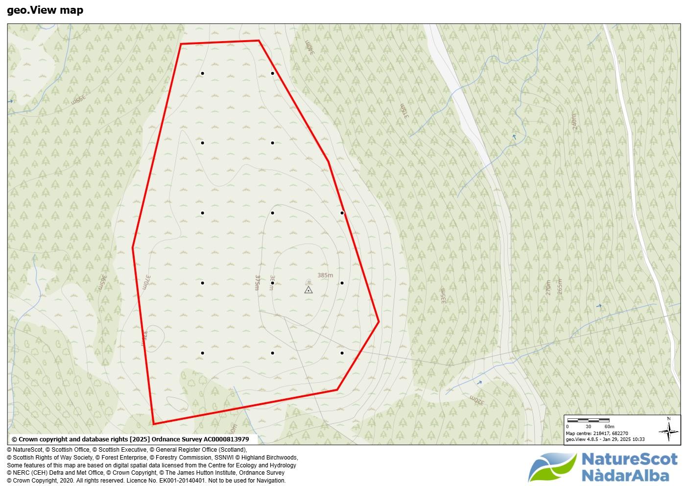 a map showing a red boundary with 100m survey points in a grid format