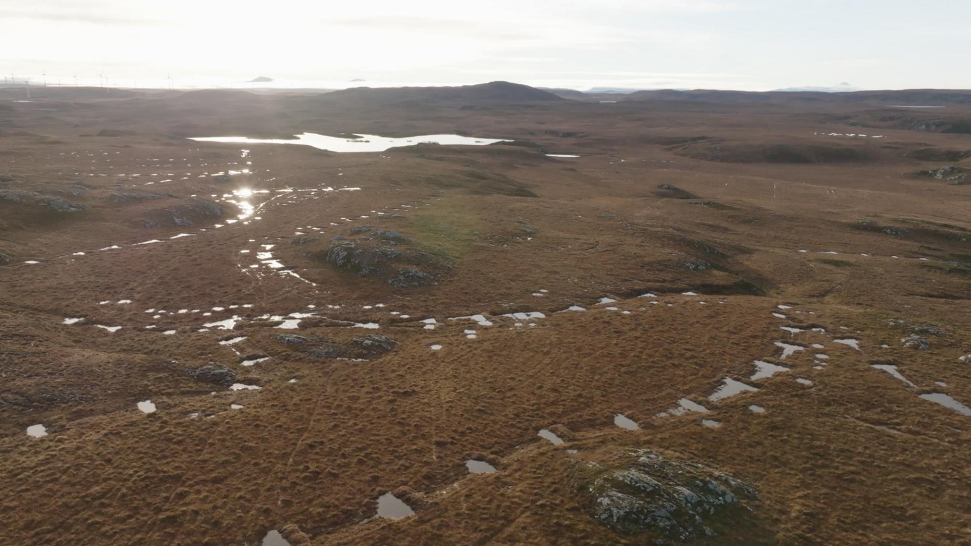 Aerial photograph of Armadale Farm showing a network of ditches that have been blocked using a technique known as wave damming and zippering. ©Peatland ACTION/Swift Films
