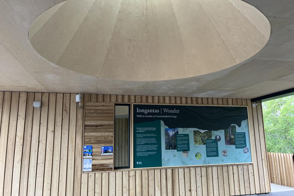 Interpretation panel at Corrieshalloch Gorge, with roof lightwell above.